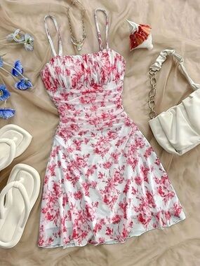 Floral Ruched Spaghetti Strap Mini Dress